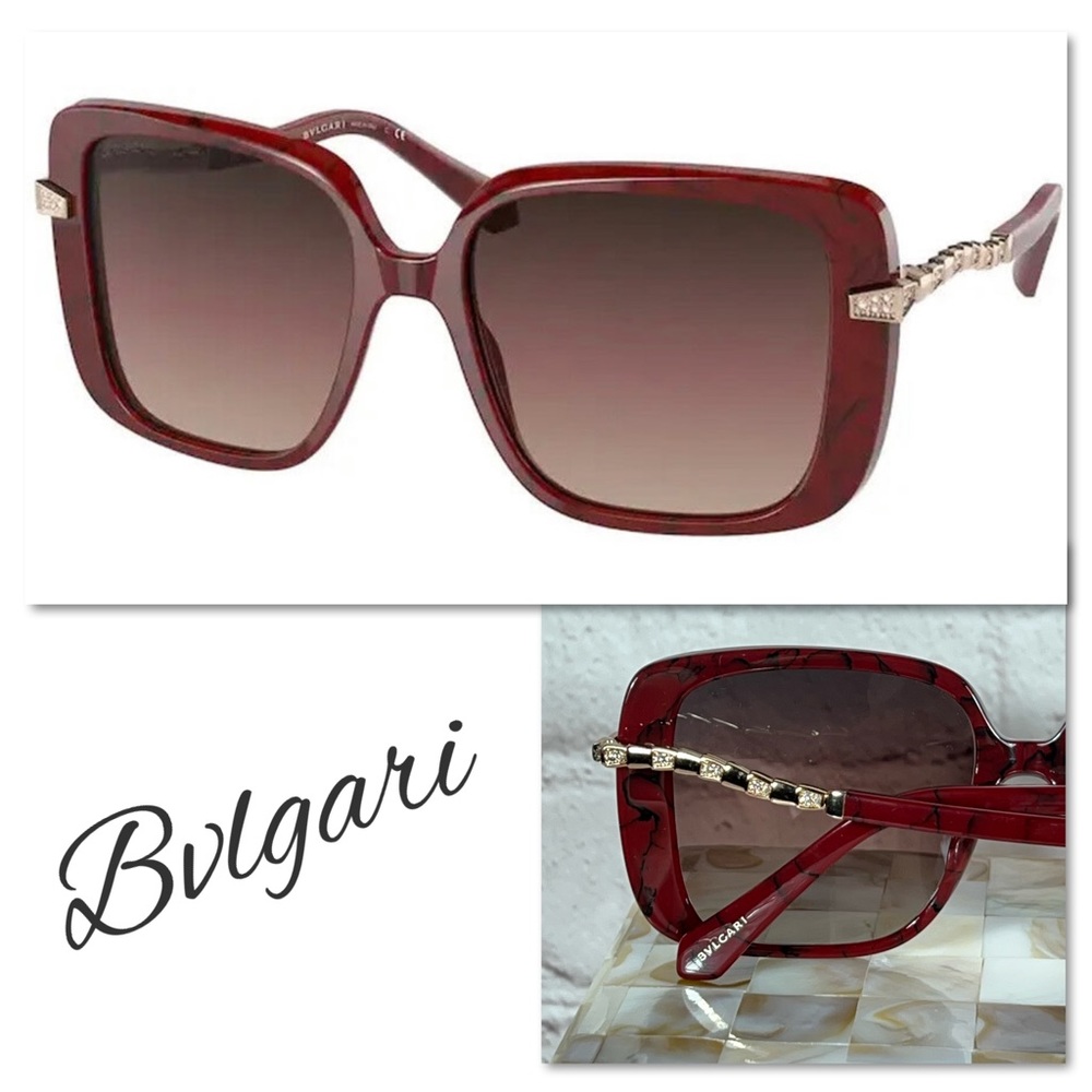 Bvlgari Sunglasses Square Dark Red Marble Cherry Gold Rhinestone Trim Bulgari